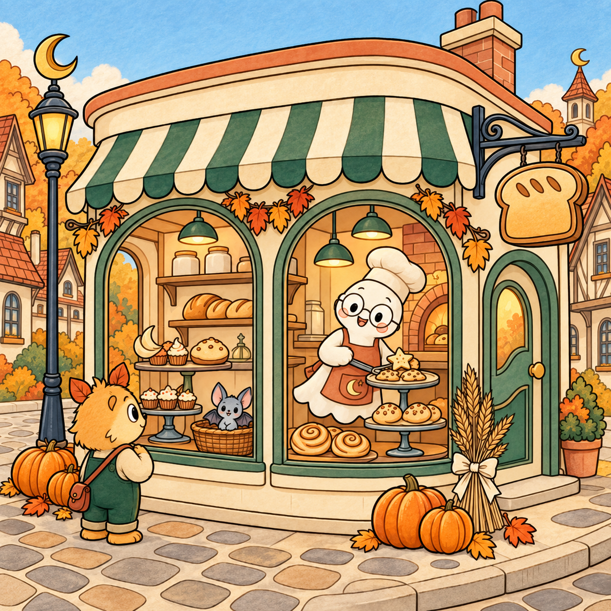 The same bakery scene colored in warm autumn shades