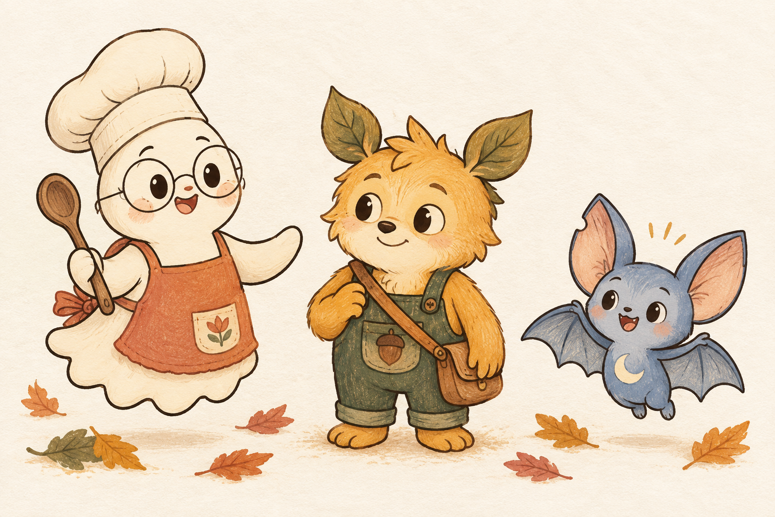 A lineup of Gloamwick’s friendly ghosts, witches and forest creatures